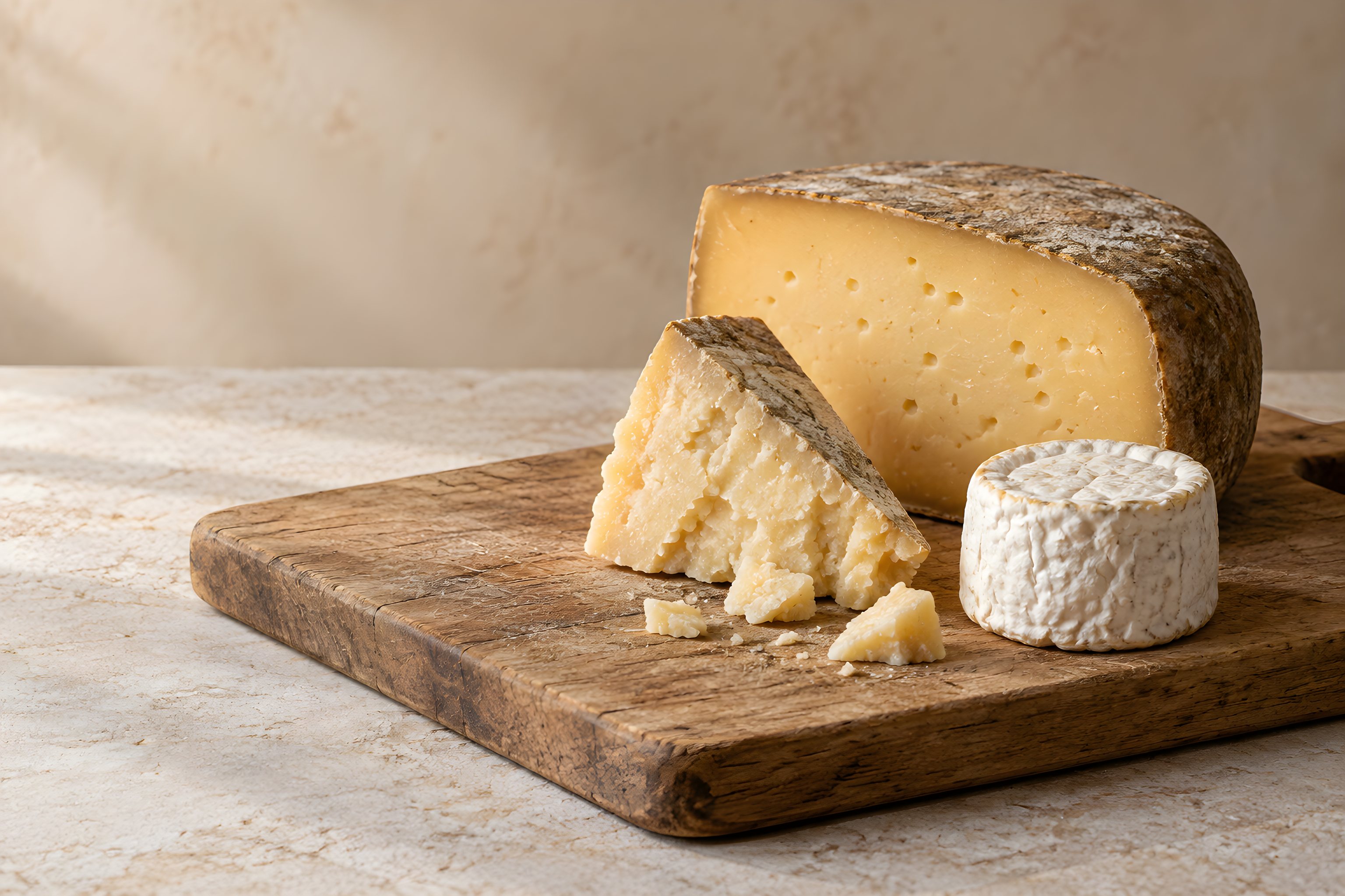 Käsebrett aus Eiche: ein halber Laib Bergkäse mit dicker Naturrinde, davor ein Keil Schafskäse und ein kleiner Ziegenkäse mit weißer, faltiger Rinde