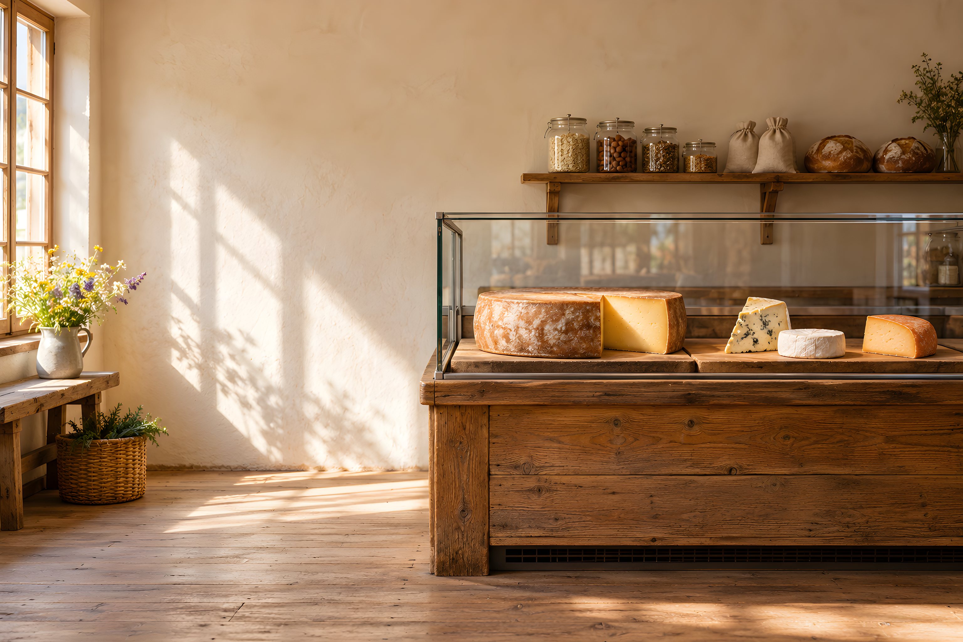 Kleine Käsetheke aus altem Holz mit Glasaufsatz: ein großer Bergkäselaib mit herausgeschnittenem Keil, ein Blauschimmelkeil, ein Weißschimmelkäse und ein Käse mit orangefarbener Rinde, dahinter ein Wandbrett mit Vorratsgläsern, Leinensäckchen und zwei Brotlaiben