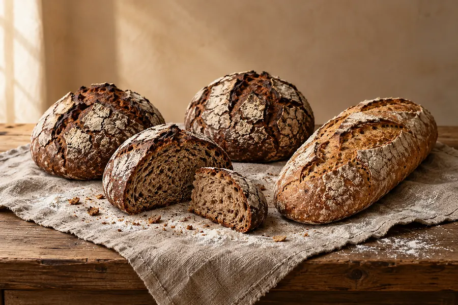 Drei runde Roggenbrote mit rissiger, bemehlter Kruste und ein langes Dinkelbrot auf grobem Leinen, eines angeschnitten