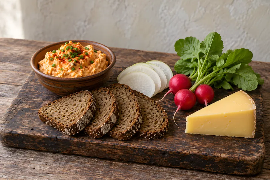 Brotzeitbrett mit einer Schale Obatzda, vier Scheiben dunklem Brot, Rettich, Radieschen und einem Stück Käse