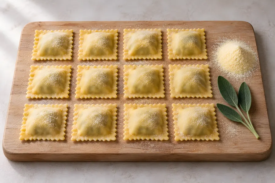 Zwölf frische Ravioli mit gewelltem Rand in Reihen auf einem hellen Holzbrett, daneben Hartweizengrieß und ein Zweig Salbei
